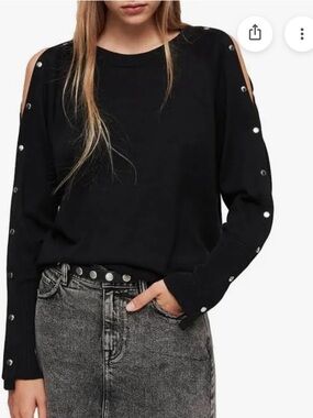 All Saints Suzie Jumper Black Relaxed Fit Crew Neck Press Stud Sweater